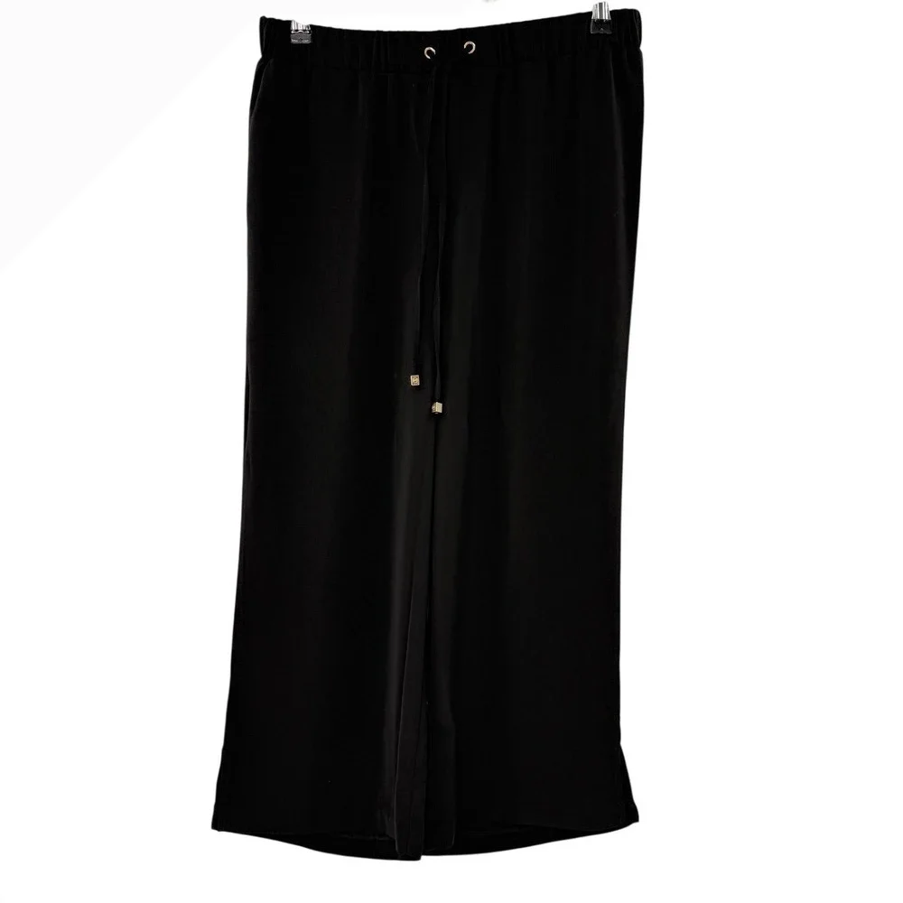 Michael Kors Black Wide Leg Drawstring Pants Gold MK Logo‎ Aglets Womens Small